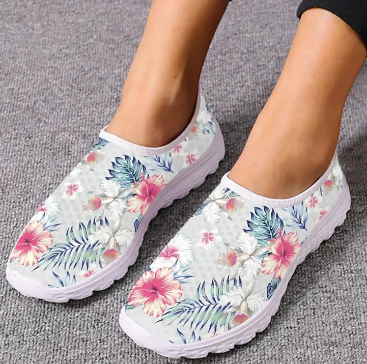 Women Shoes Tennis - Hawaiian Hibiscus Loafers Tropical Plant Mesh